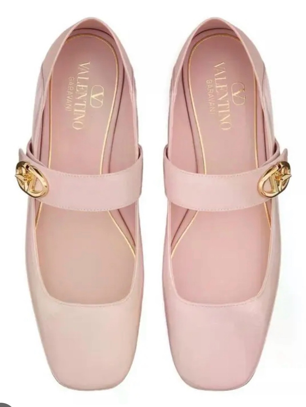 Valentino Garavani VLogo Blush Pink Mary Jane Flats with Gold Logo Buckle